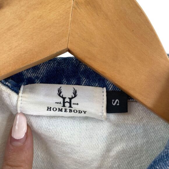 Boutique Women’s S Patch Together Denim Trucker Jacket Blue Acid Wash Oversized - Picture 5 of 13